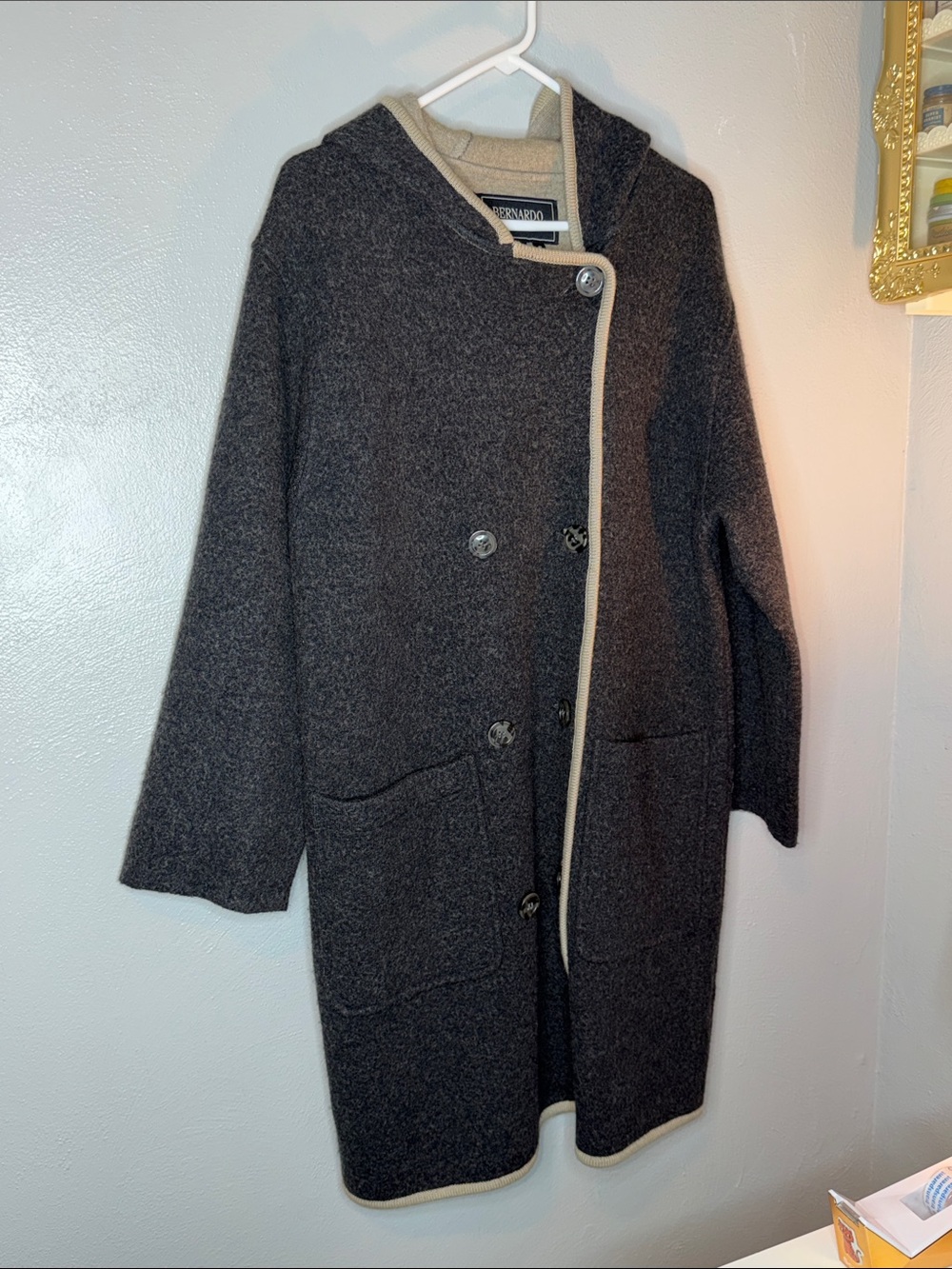 Bernardo Dark Gray Hooded Wool-Blend Coat with Trim